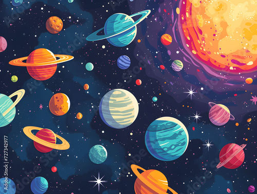 Whimsical Space Illustration: Vibrant Cartoon-Style Planets with Rings & Patterns, Artistic Cosmic Scene for Education and Creativity Concept - Kids' Astronomy Background