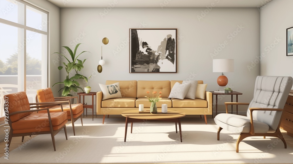 Design a mid-century modern living room with clean lines, iconic furniture pieces, and a neutral color palettear Design a mid-century modern living room with clean lines, iconic furniture pieces, and a neutral color palettear