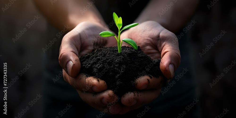 Hands holding a young plant in soil, symbolizing growth and sustainability. eco-friendly concept with natural light. inspirational image for environmental themes. AI