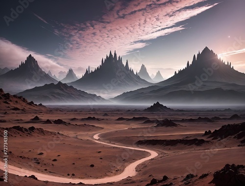 Desert landscape with mountains  on an alien planet