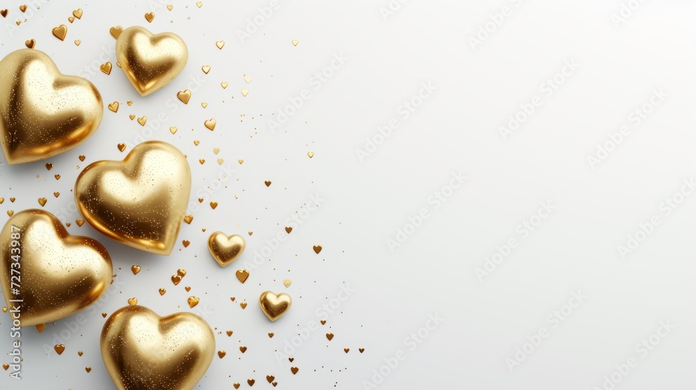 Holiday background with 3D gold hearts and place for text.