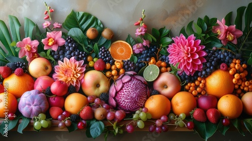 a mix of exotic fruits, highlighting their unique textures and colors, arranged in a vibrant, tropical composition.