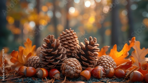 pine cones and acorns, showcasing the natural textures and details, arranged in a cozy autumnal setting