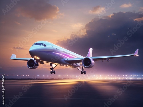 "Luminous Ascension: AI-Enhanced Plane Taking Off at Dusk, Bathing the Sky in a Dreamy Glow of Magical Lights, Capturing the Ethereal Beauty of Evening Departures."