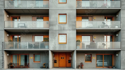an apartment building's balcony patterns, showcasing the repetition and symmetry in urban architecture.