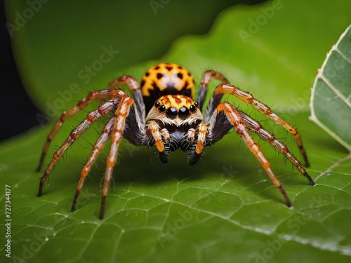 Close up of a colorful spider on a green leaf. Generative AI.