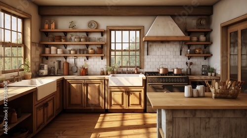 Design a rural farmhouse kitchen with distressed wood cabinets  a large farmhouse sink  and open shelving for a cozy  country feelar