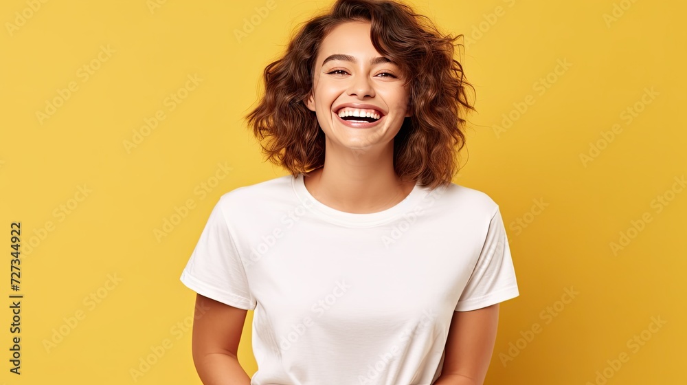 A wide shot of woman, age 22, wearing white shirt and blue pants, with lively smiling facial expression, at yellow background, design tshirt template, print presentation mock - up A wide shot of woman, age 22, wearing white shirt and blue pants, with lively smiling facial expression, at yellow background, design tshirt template, print presentation mock - up