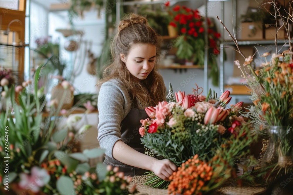 Artistic florist arranging a stunning bouquet in a cozy shop