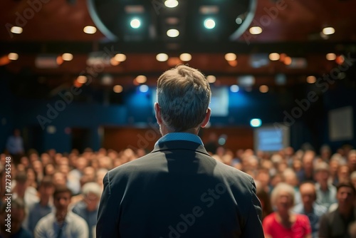 Eloquent public speaker delivering a persuasive speech at a conference