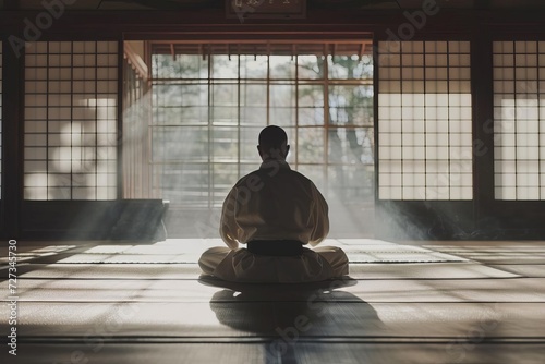 Focused martial artist practicing in a tranquil dojo Symbolizing discipline and strength