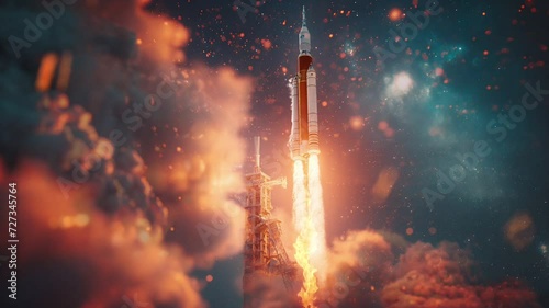 A rocket is soaring at high speed, leaving a trail of smoke in the bright blue sky. The thunderous roar of its engines creates an atmosphere of excitement and awe, looping video  photo