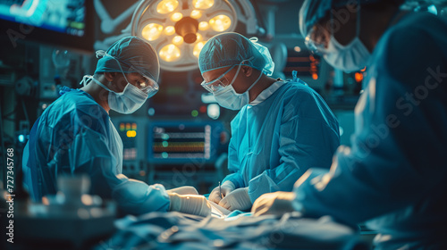 Multi-ethnic cooperation team of doctors and surgeons processing surgical operation in operating room modern hospital emergency department. Heart surgery.