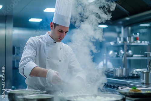 Innovative chef experimenting with molecular gastronomy in a state-of-the-art kitchen