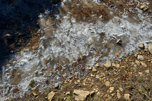 icy surface of a puddle with water flowing underneath