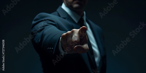 Confident businessman in a dark suit offering a handshake. moody lighting highlights professional style. perfect for corporate themes. AI photo