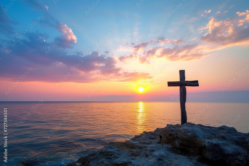 Serene sunrise over a tranquil sea with a wooden cross silhouette