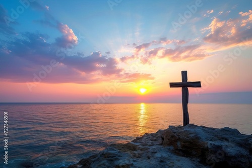 Serene sunrise over a tranquil sea with a wooden cross silhouette