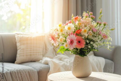 Spring flowers bouquet in vase on table in living room with morning sun light. Stylish apartment interior with blooming flowers