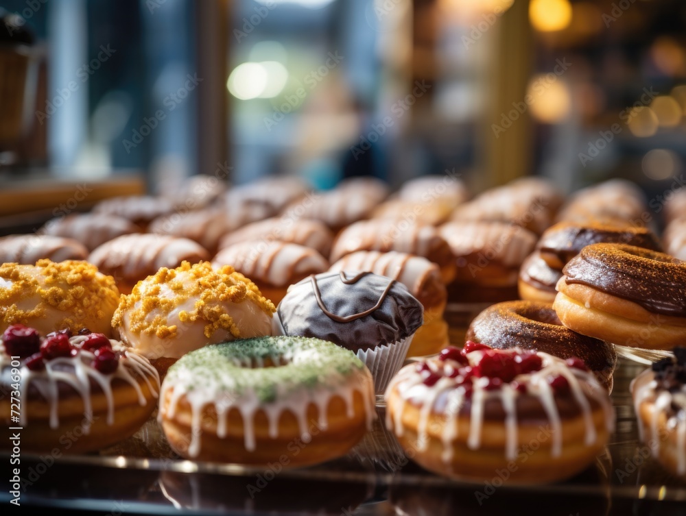 Many different kinds of donuts are on display in a bakery. Generative AI.