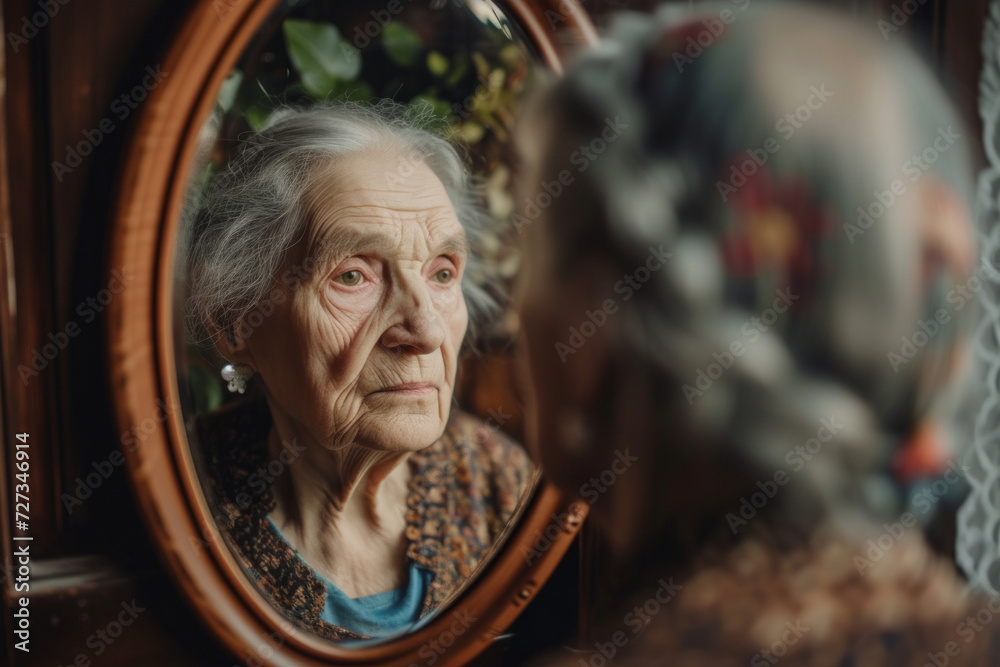 Creative conceptual collage. Senior woman looking in mirror and remembering her past. Aging. Concept of present, past and future, age, lifestyle, memories, generation, ad