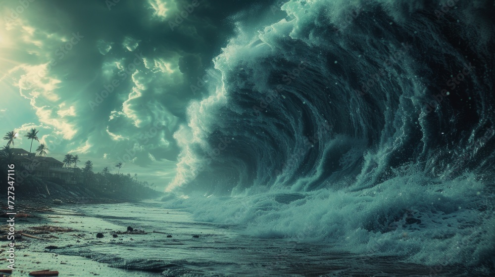 Tsunami Impact: A massive tsunami wave crashes ashore, engulfing everything in its path, with devastating consequences.