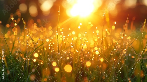 The golden glow of a dawning sun, casting long shadows on dew-kissed blades of grass.