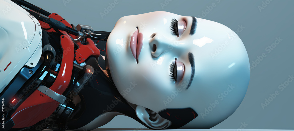 Android Woman Mask A close-up of a female android's face with realistic features and ...