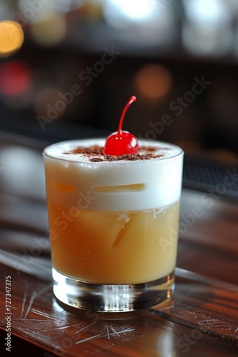 Whiskey Sour: Whiskey, lemon juice, simple syrup, shaken and served with a ch...