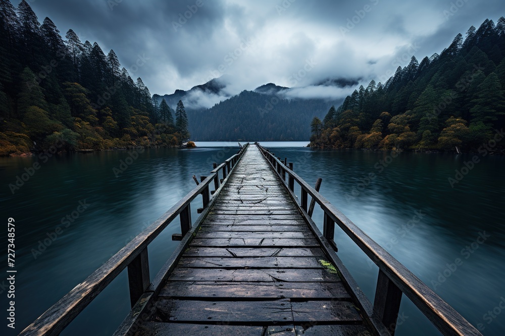Wooden jetty over the mountain lake with forest on rainy cloudy gloomy day