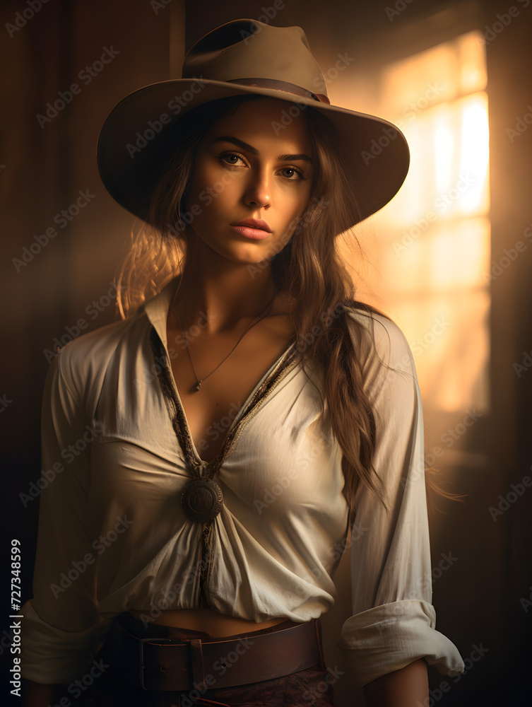 Portrait of a woman in the wild west in a cowboy outfit Portrait of a woman in the wild west in a cowboy outfit
