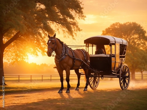 "Serenade at Sunset: Horse-Drawn Carriage Glides Silhouetted Against a Radiant Sky, AI-Enhanced Warm Tones and Soft Glow Capture the Tranquil Beauty of an Evening Ride."