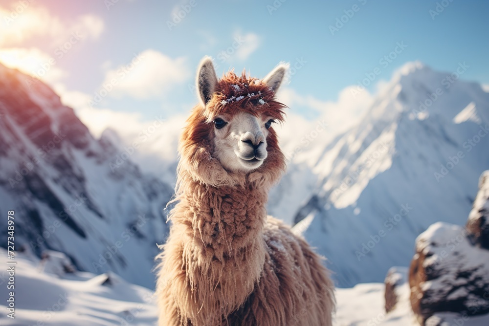 Obraz premium cute fluffy alpaca llama on a blurred background of snowy mountains on a sunny day