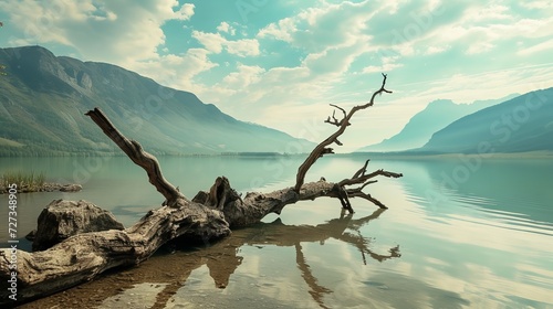 Fallen Tree in the Lake with Mountains in the Background