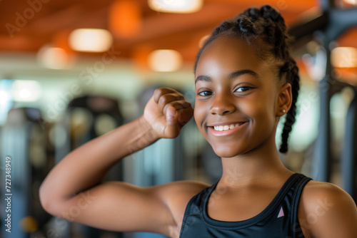 A cheerful young girl flexing her muscles in a gym, showcasing confidence and a healthy lifestyle with a beaming smile.