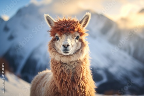 portrait of fluffy alpaca llama on a blurred background of snowy mountains on a sunny day photo