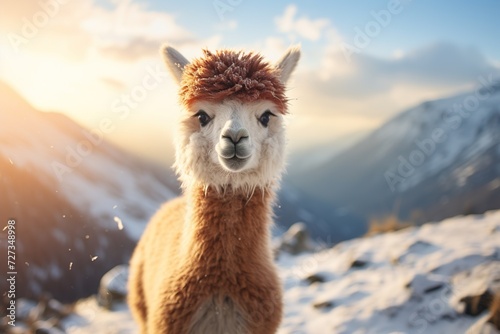 fluffy alpaca llama on a blurred background of snowy mountains on a sunny day photo