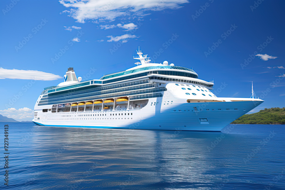 large modern white passenger cruise ship in the blue sea or ocean on a sunny day
