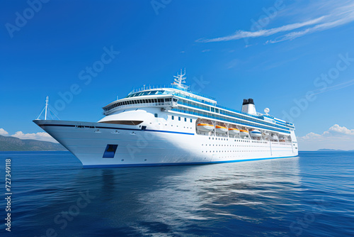 large modern white passenger cruise ship in the blue sea or ocean on a sunny day