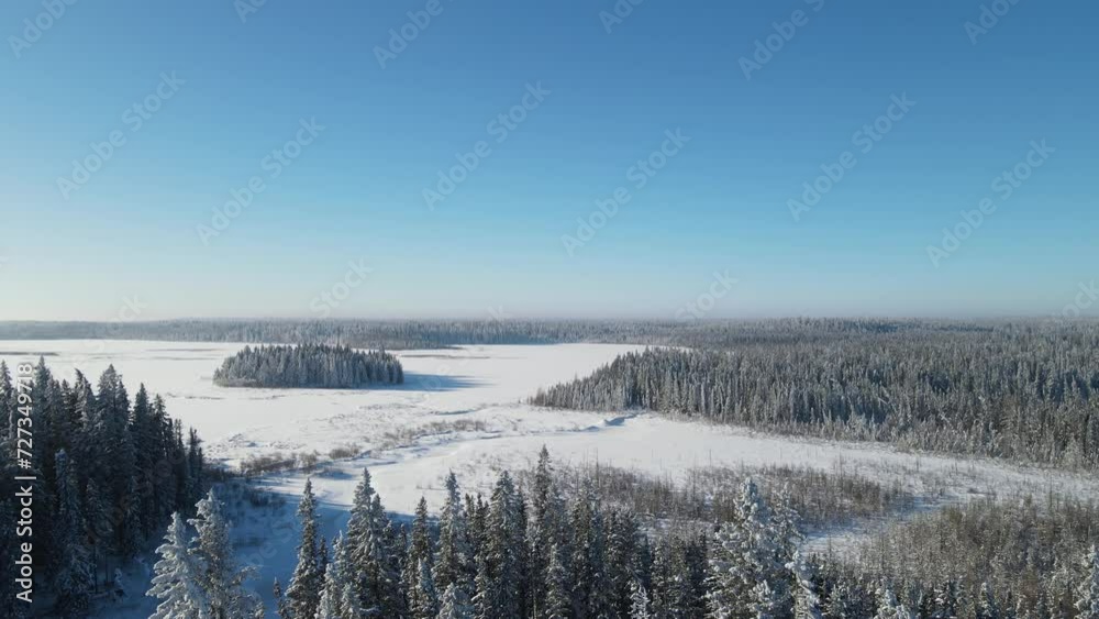 Drone flying forward low over the treetops in this winter forest setting with a large frozen lake. Animal tracks can be seen in the snow.
Drone flying forward low over the treetops in this winter forest setting with a large frozen lake. Animal tracks can be seen in the snow.
