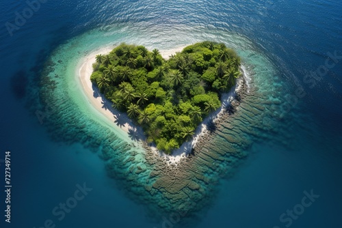uninhabited tropical paradise island in the shape of a heart surrounded by the sea, aerial view © Маргарита Вайс