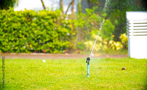 Sprinkler for automatic lawn watering. Lawn cultivation and care, garden irrigation devices. Rainbow over the garden on a sunny day.