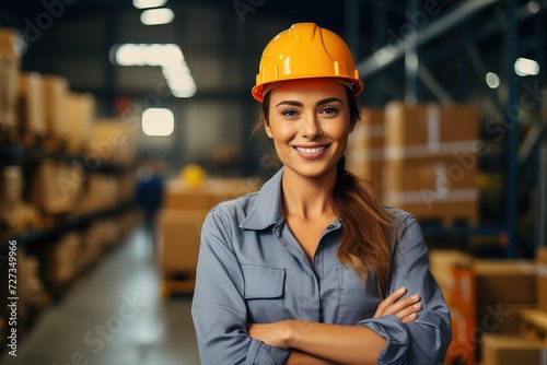 portrait of a beautiful smiling caucasian woman worker in an orange hard hat in a warehouse