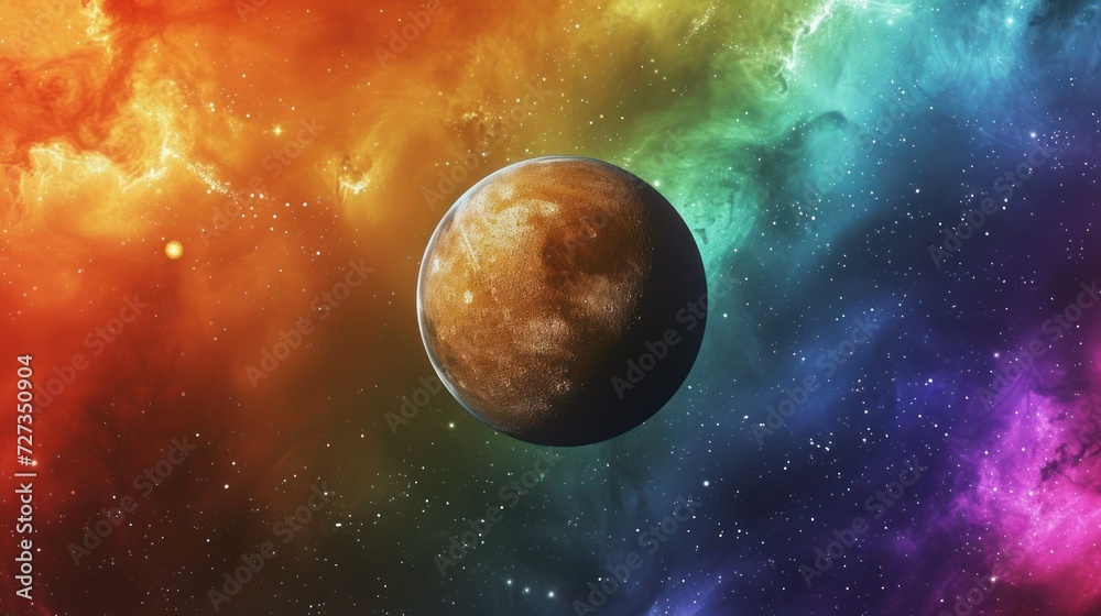 multi-colored space and universe in rainbow colors with planet mars. concept space, galaxies, colored, cosmic smoke