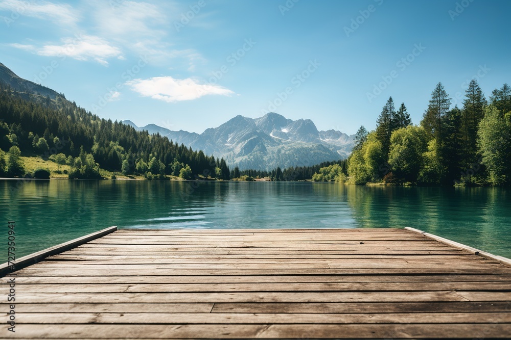 Wooden jetty over the clean blue lake in mountain forest on sunny summer day Wooden jetty over the clean blue lake in mountain forest on sunny summer day