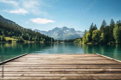 Wooden jetty over the clean blue lake in mountain forest on sunny summer day