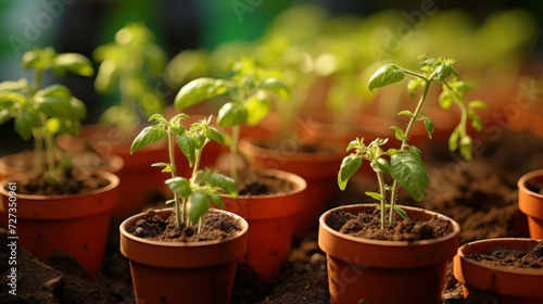 spring seedlings of tomatoes and basil on the windowsill vegetable garden. concept dacha, natural, health, plants