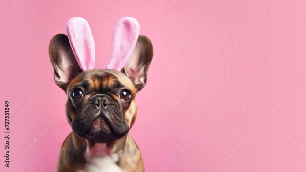 Dog with easter bunny ears on baby blue background. Easter concept.