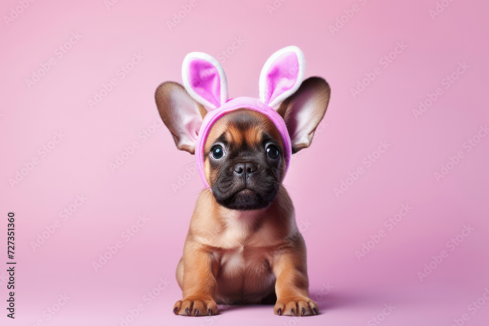 Cute Puppy with easter bunny ears on pink background. Easter concept.