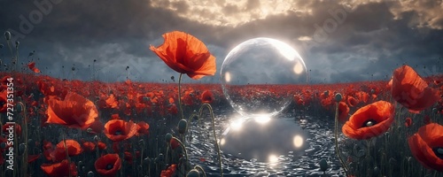 there is a field of red flowers with a moon in the background
